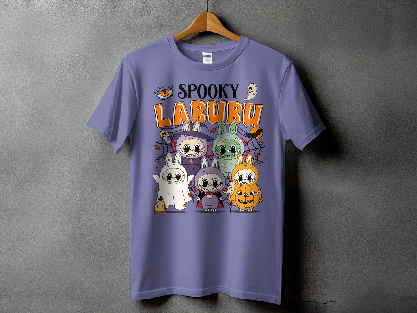 Spooky Labubu characters in Halloween costumes including ghost, vampire, and pumpkin.