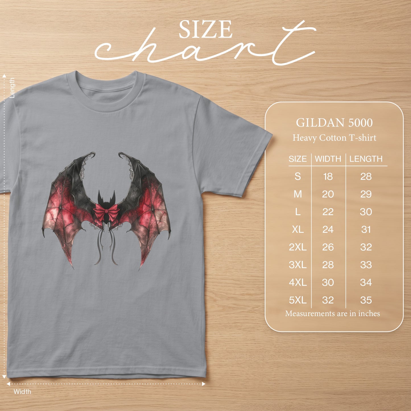 Grey Gildan 5000 t-shirt with bat graphic and size chart.