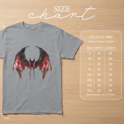 Grey Gildan 5000 t-shirt with bat graphic and size chart.
