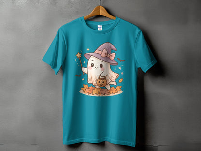 Teal t-shirt with a cute cartoon ghost wearing a witch hat and holding a pumpkin bucket.
