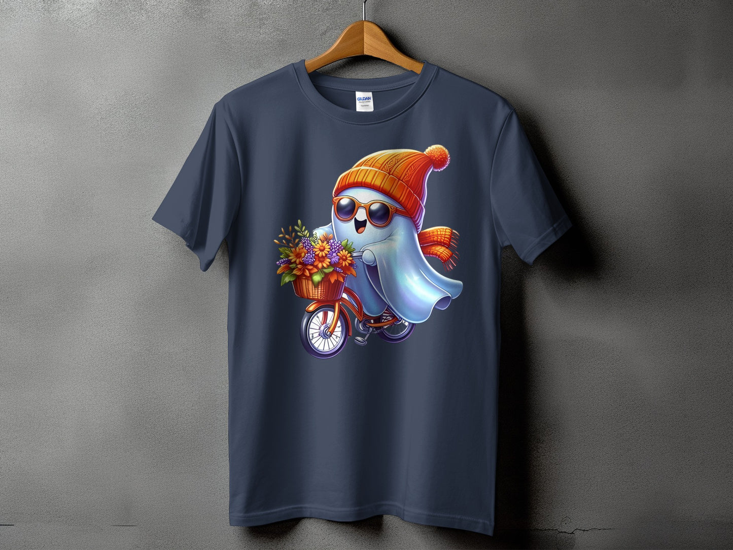 Ghost character in hat and scarf rides a bicycle with flowers in the basket.