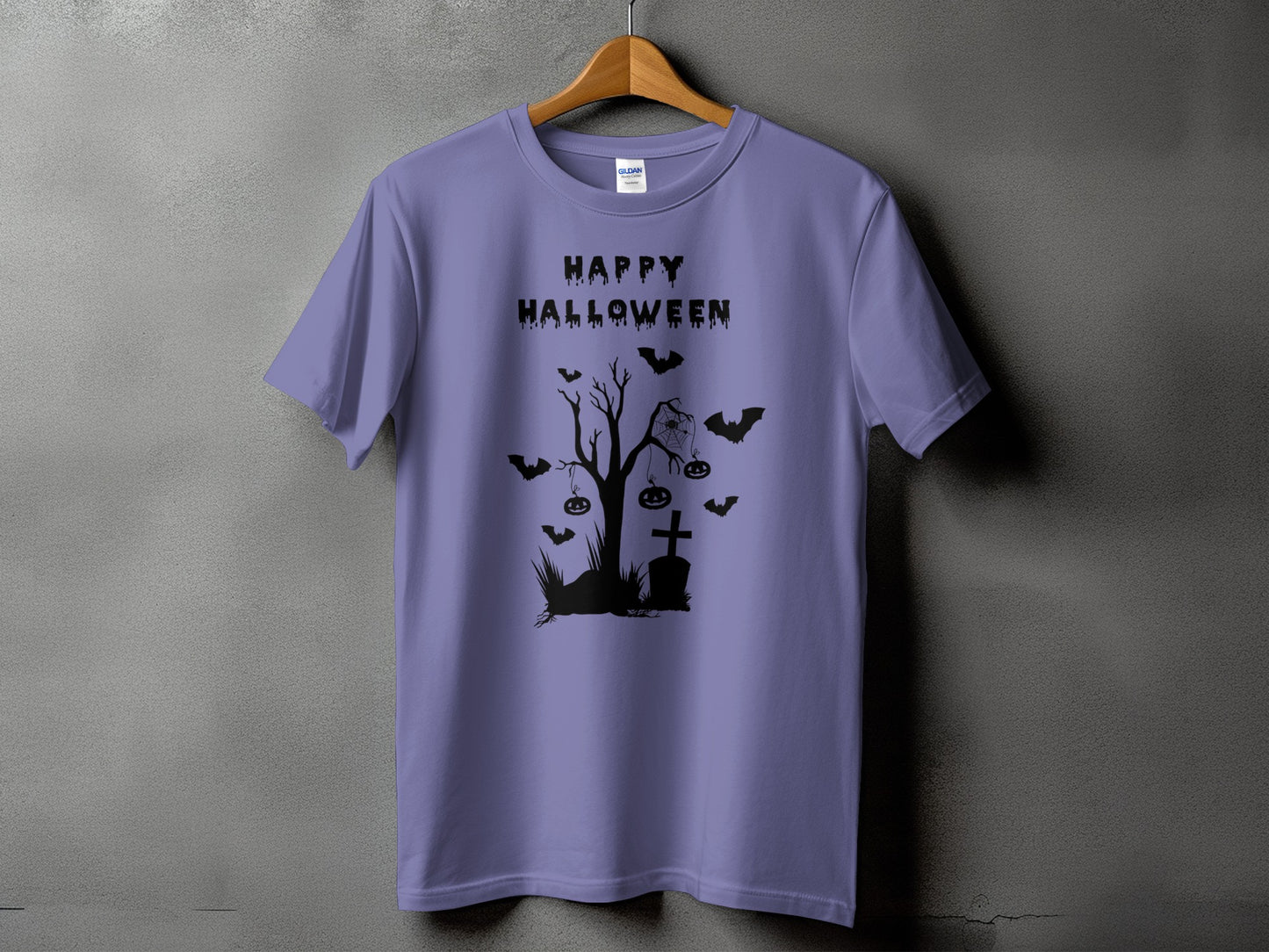 Purple t-shirt with a black Halloween graphic featuring bats, pumpkins, and a gravestone.