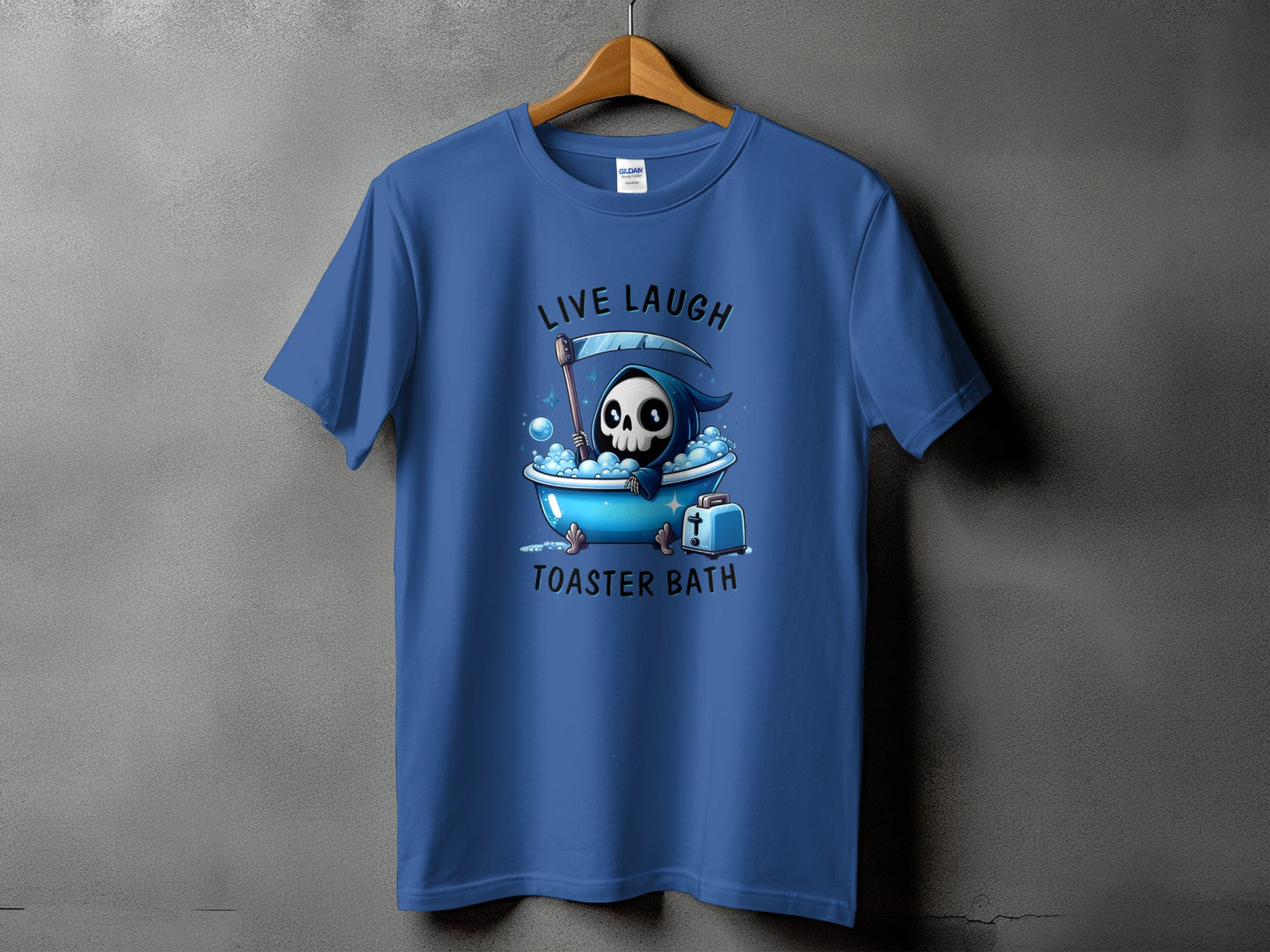 Grim reaper skeleton in bathtub with toaster and text "Live Laugh Toaster Bath."