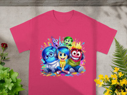 Inside Out characters Riley, Joy, Sadness, Anger, Fear, and Disgust on a pink t-shirt.