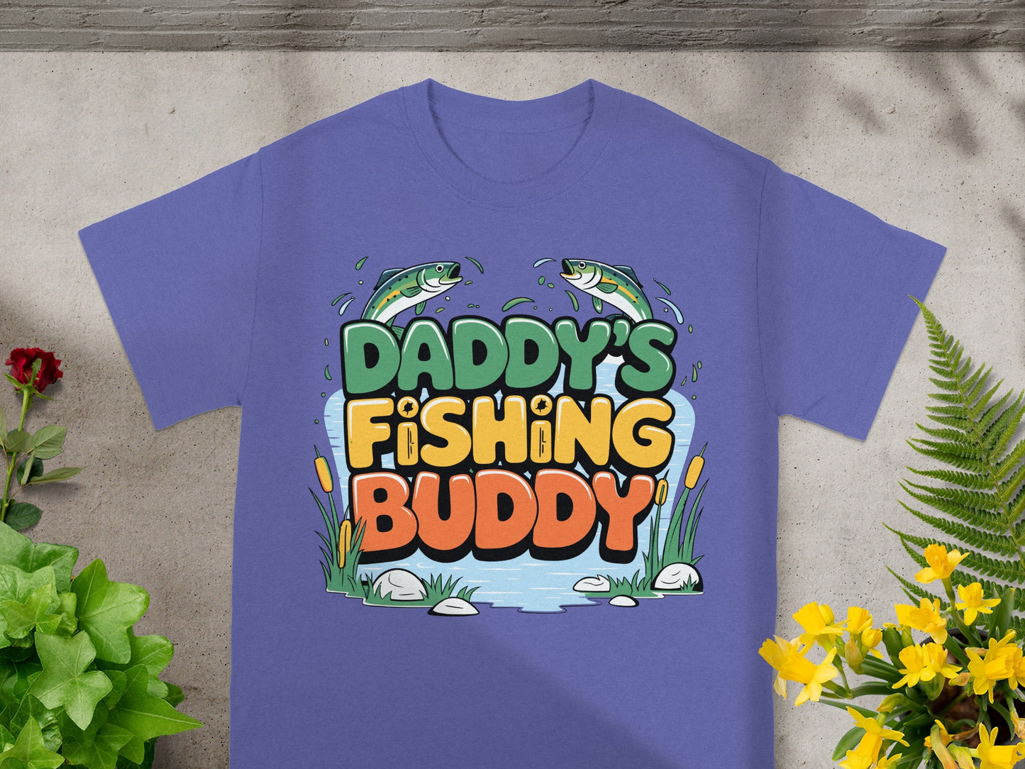 Purple t-shirt with "Daddy's Fishing Buddy" text and cartoon fish.
