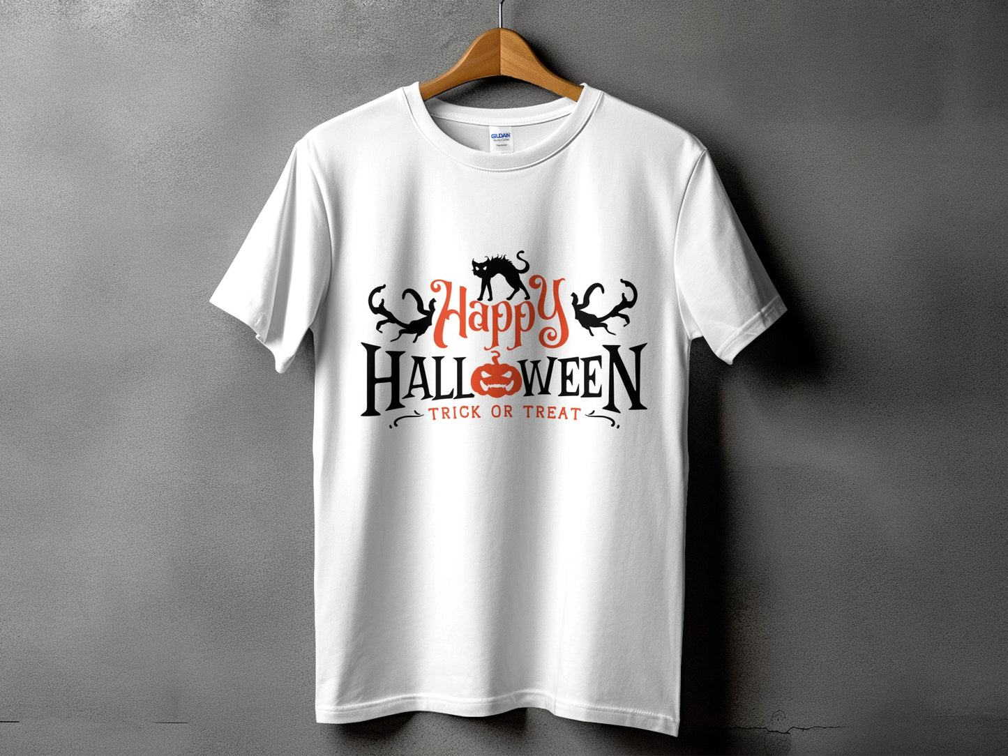 White t-shirt with "Happy Halloween Trick or Treat" text and Halloween graphics.