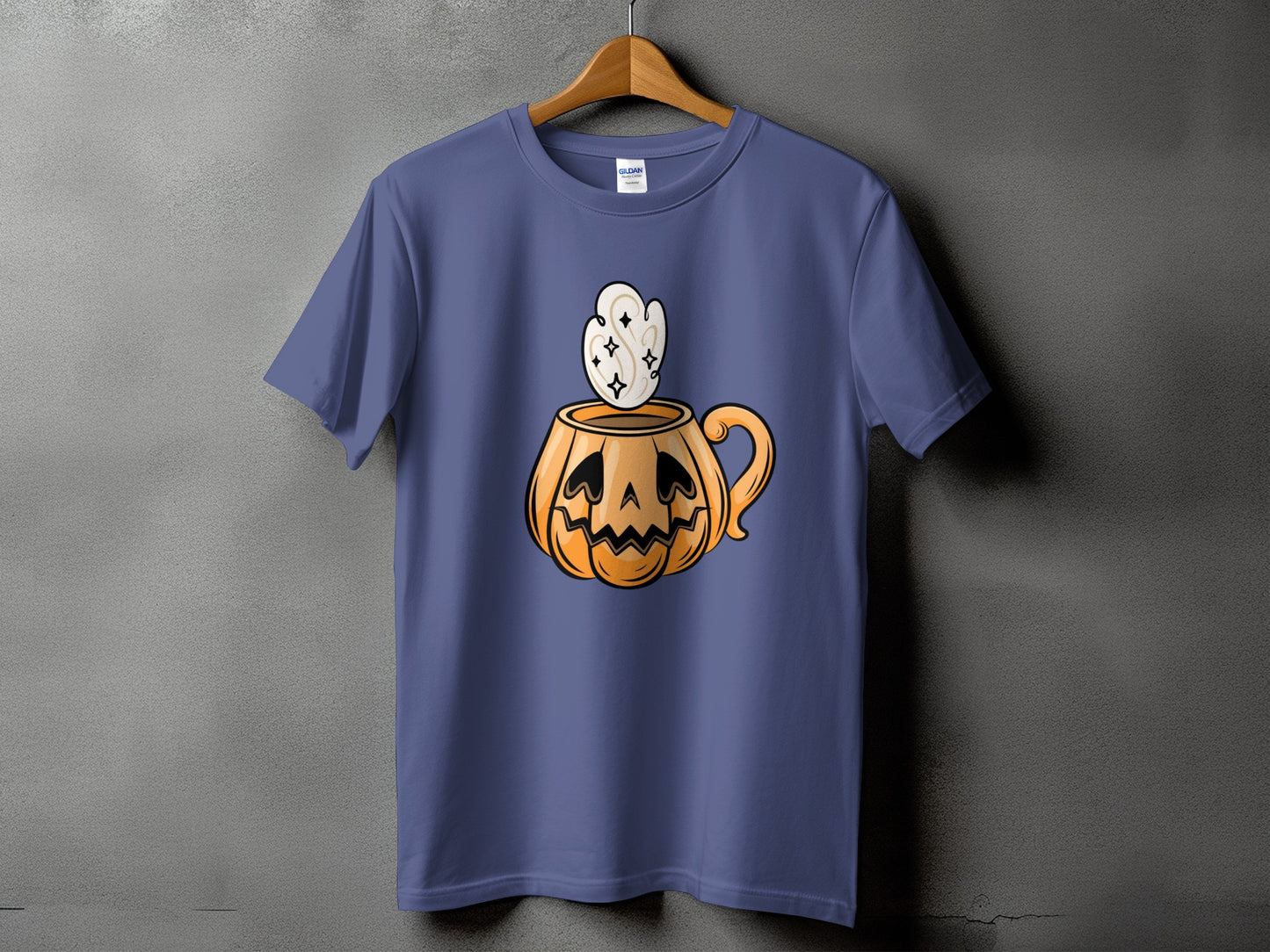 Purple t-shirt with jack-o'-lantern mug graphic and steam.
