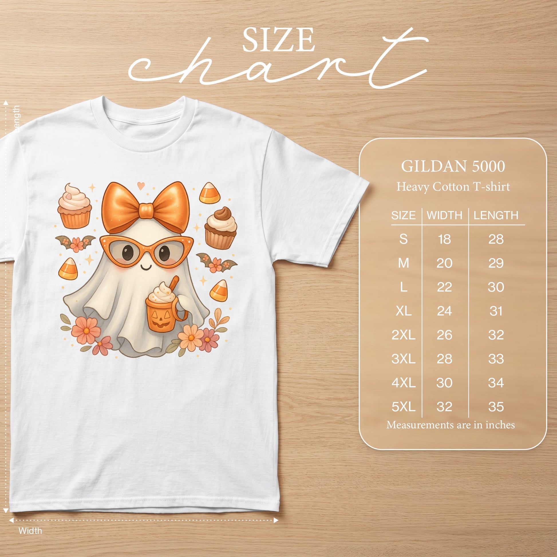 White Gildan 5000 Heavy Cotton T-shirt size chart with cute ghost graphic.