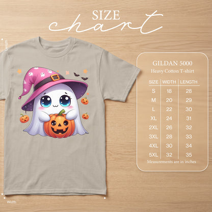 T-shirt with cute ghost in witch hat holding pumpkin, GILDAN 5000 size chart.