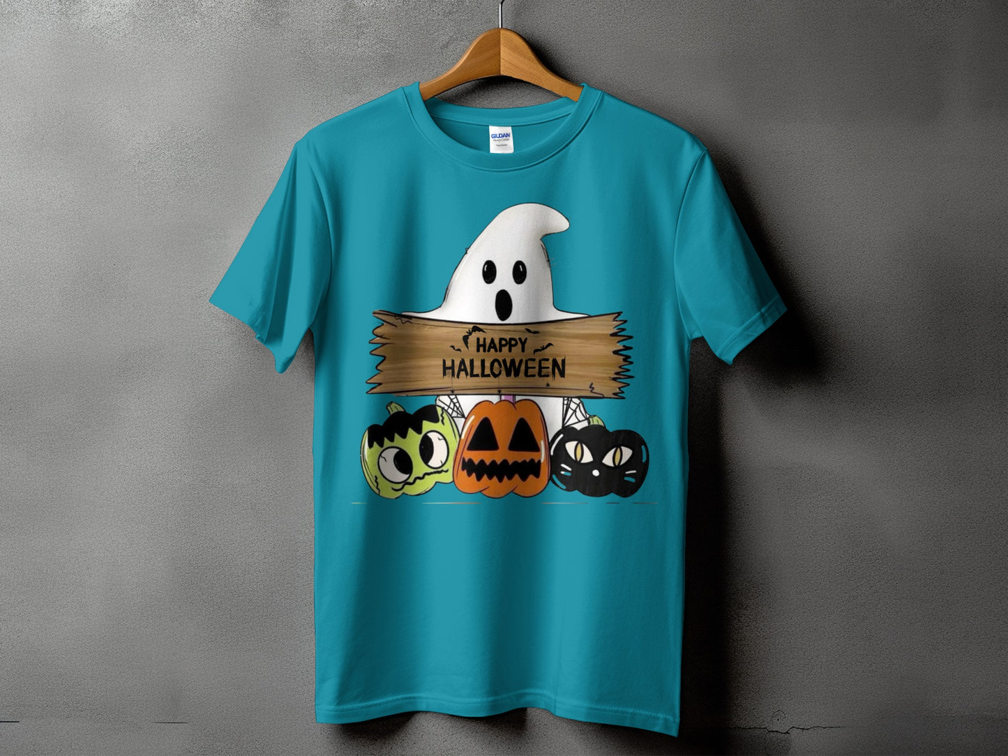 Teal t-shirt with a ghost, pumpkins, and "Happy Halloween" text graphic.