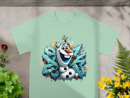 Olaf the snowman t-shirt with graffiti background.