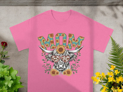 Pink Mom Shirt with Sunflower and Cow Design