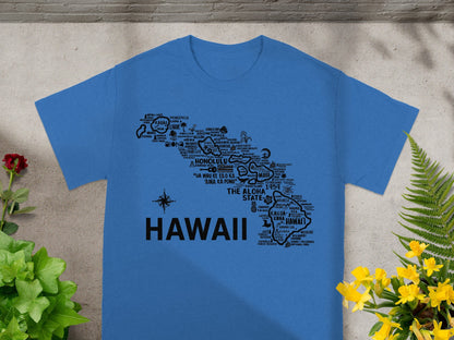 Blue T-shirt with Hawaii Map Design and Place Names