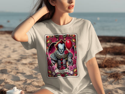 Scary Clown Holding Red Balloon Beach T-shirt