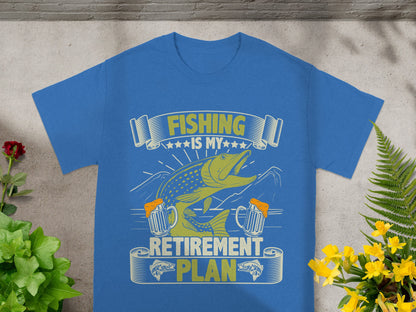 Blue t-shirt with "FISHING IS MY RETIREMENT PLAN" text and fish graphic.