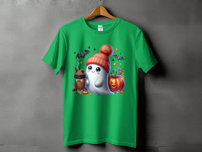 Green t-shirt with a cute ghost wearing a beanie, holding coffee, with pumpkins and bats.