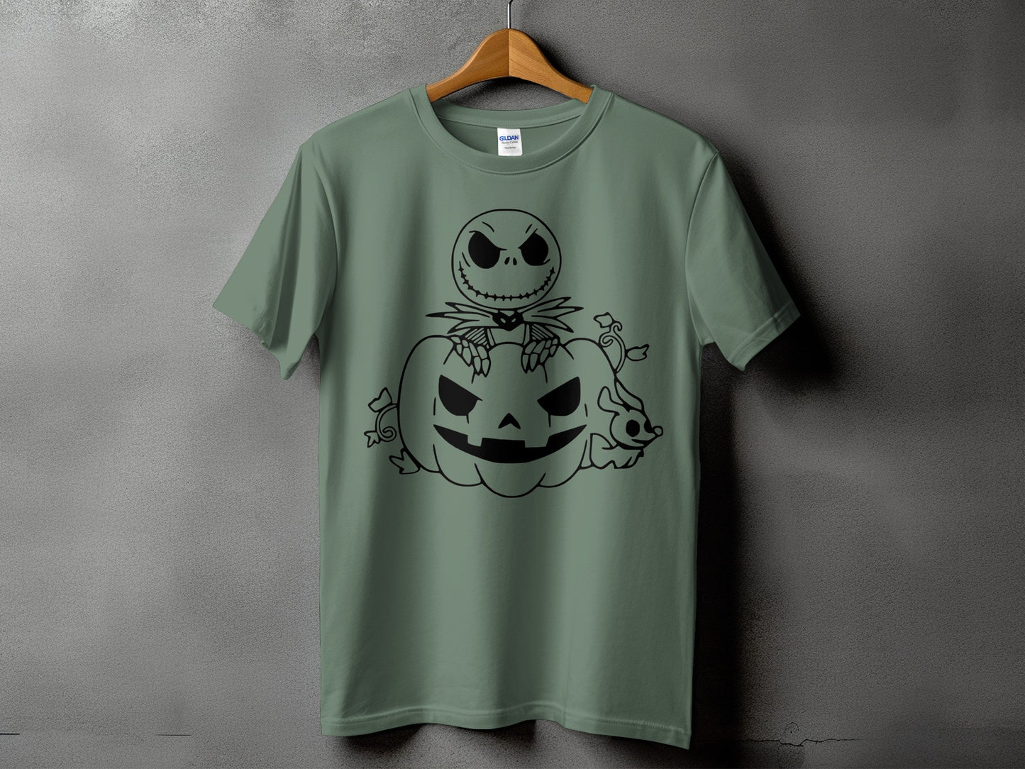 Green t-shirt with black outline graphic of Jack Skellington and a jack-o'-lantern.