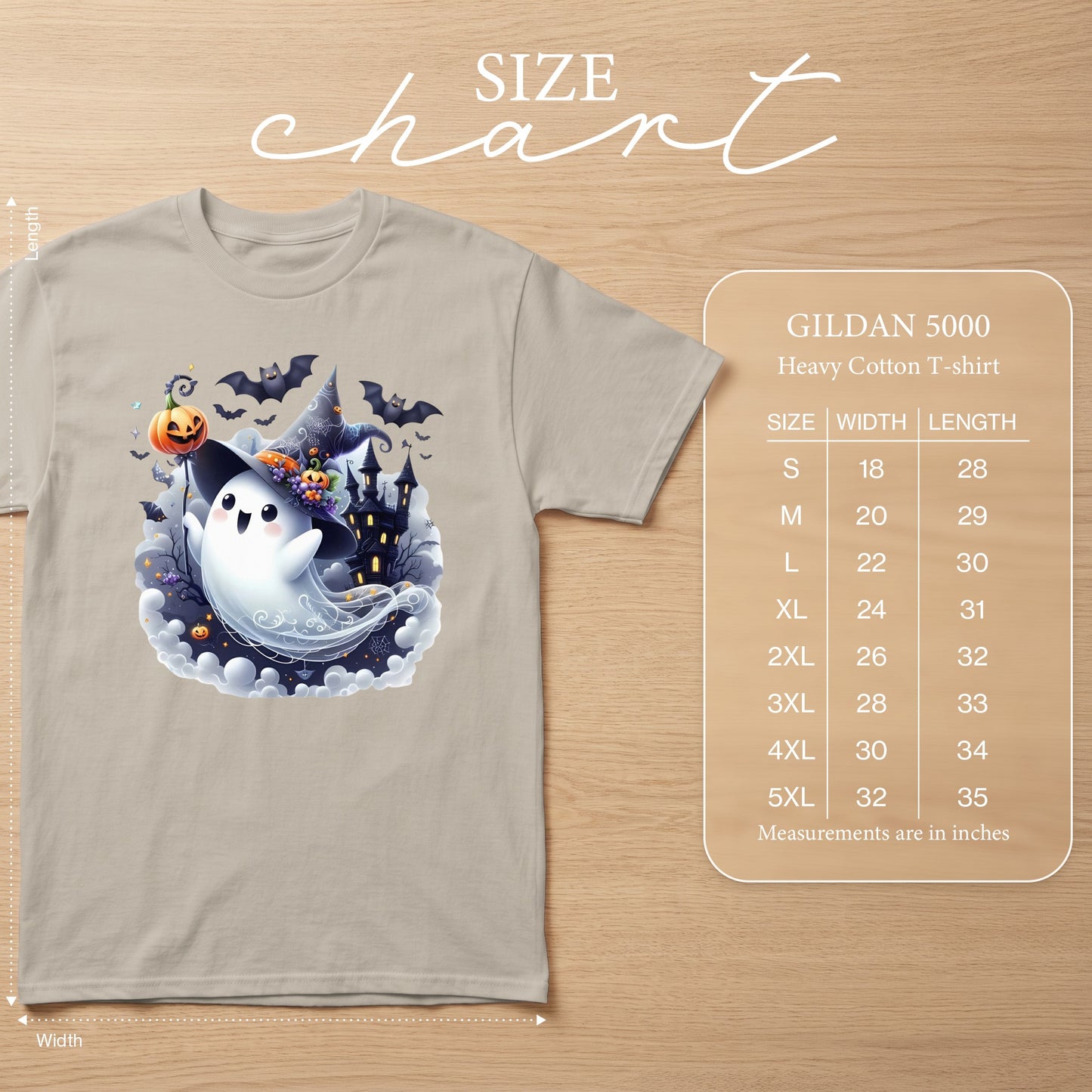 Size chart for Gildan 5000 Heavy Cotton T-shirt with Halloween ghost graphic.
