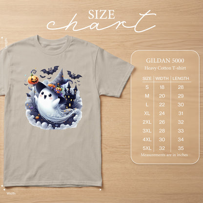 Size chart for Gildan 5000 Heavy Cotton T-shirt with Halloween ghost graphic.