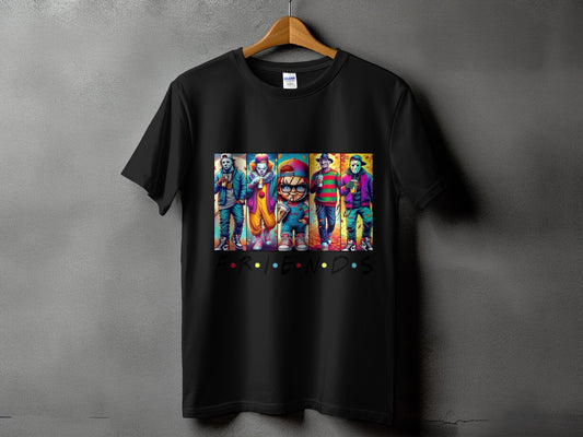 Black t-shirt with cartoon horror characters and "FRIENDS" logo.