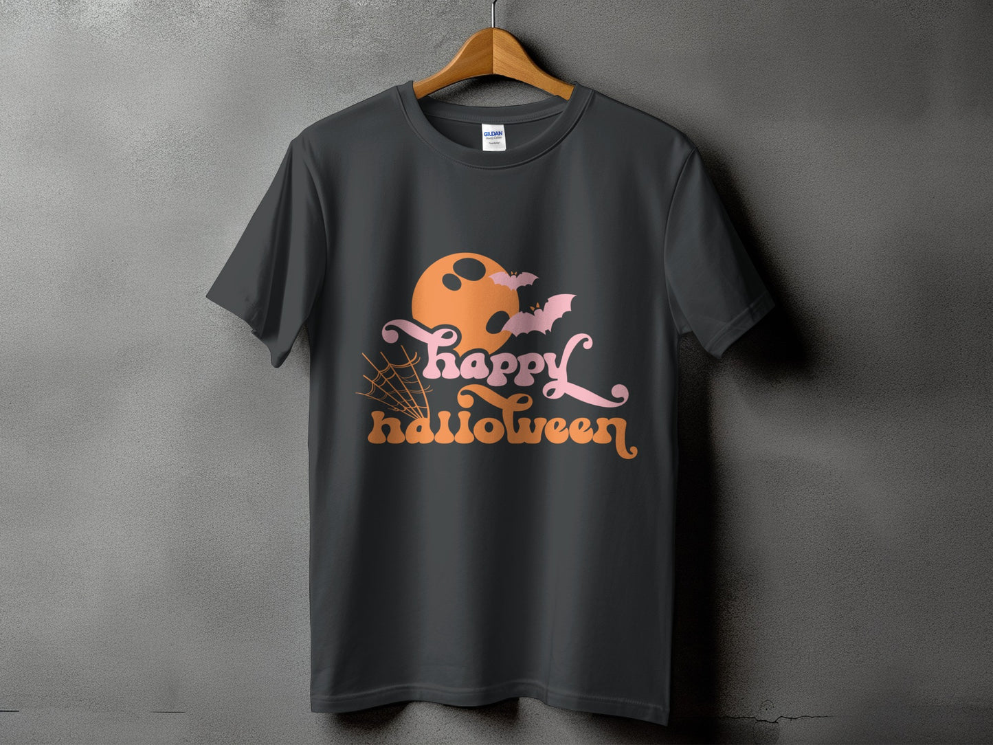 Dark t-shirt with "happy halloween" text, moon, bats, and spider web graphic.
