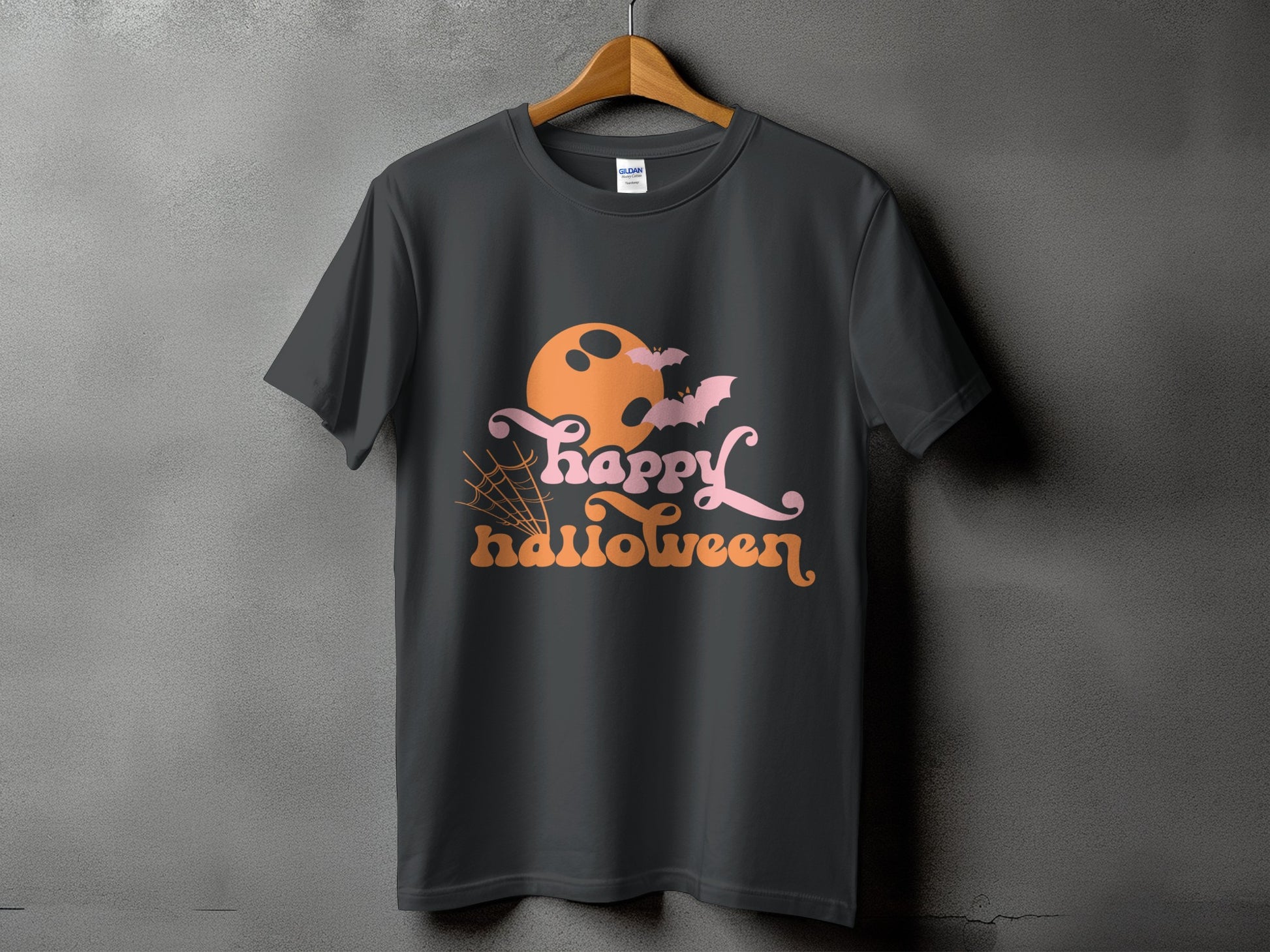 Dark t-shirt with "happy halloween" text, moon, bats, and spider web graphic.