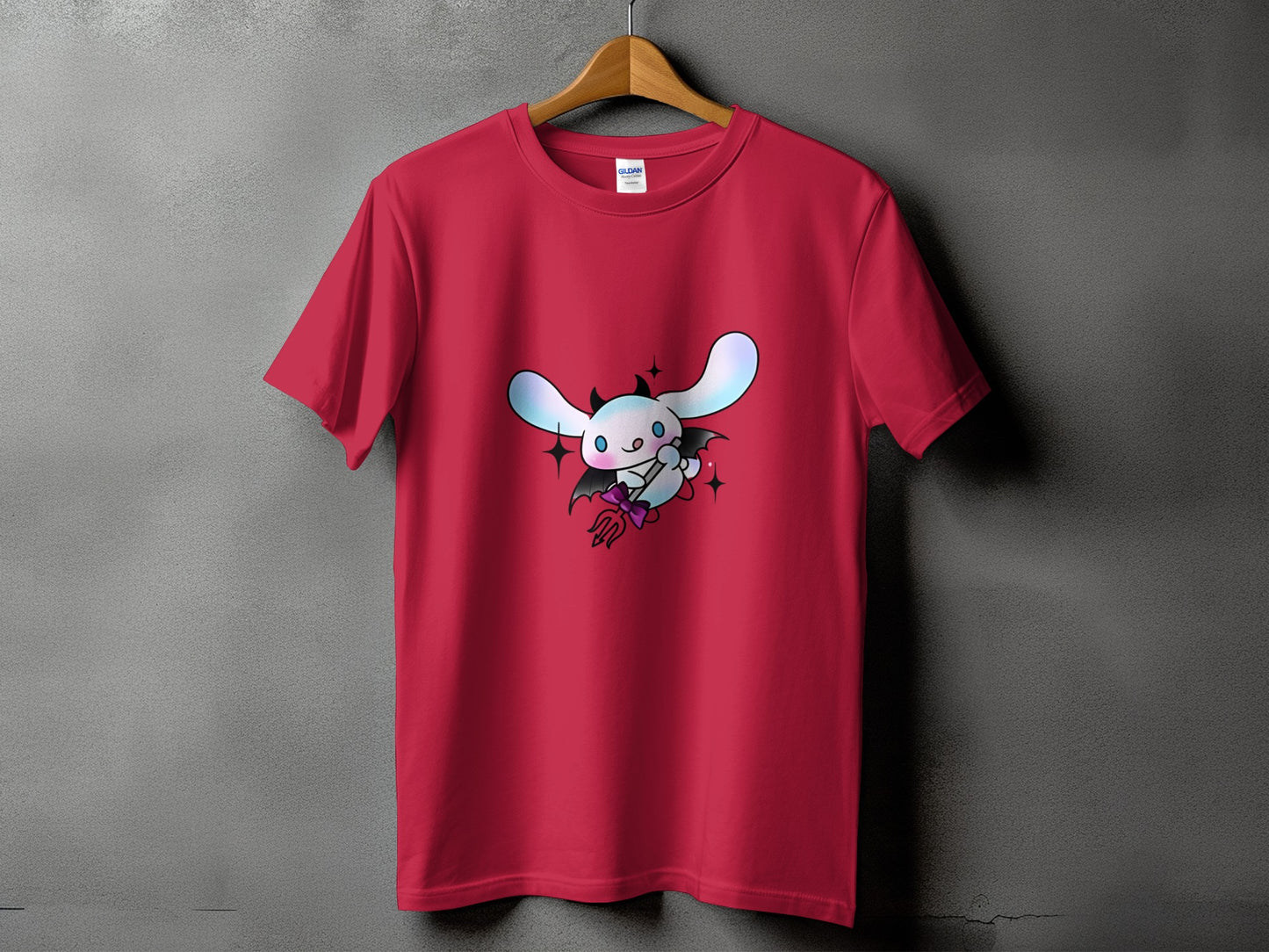 Red t-shirt with a white cartoon rabbit character in a devil costume.