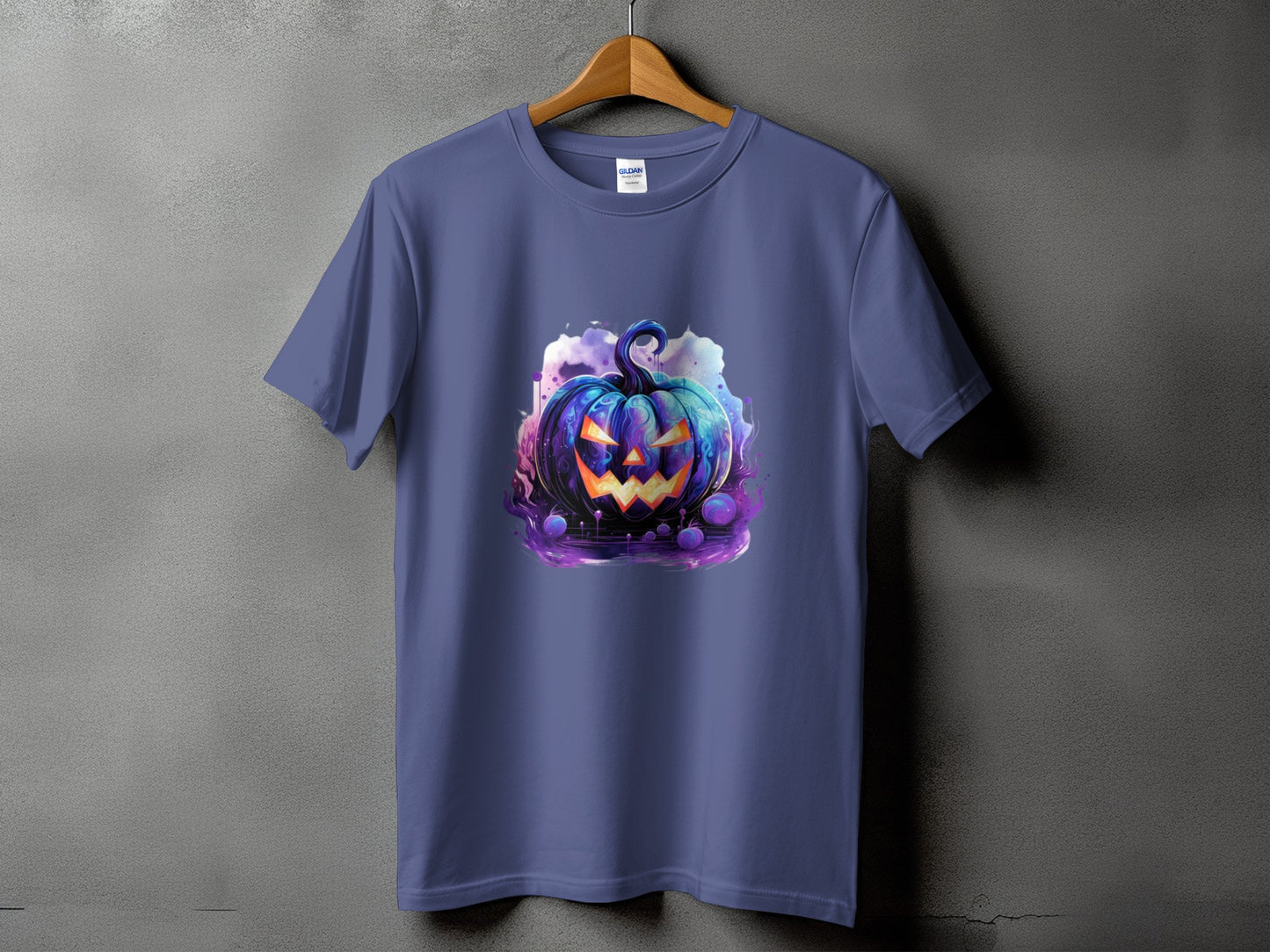Purple t-shirt with a colorful, glowing jack-o'-lantern graphic.