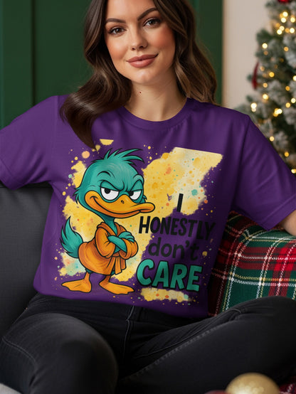 T-shirt with cartoon duck and text "I honestly don't care".