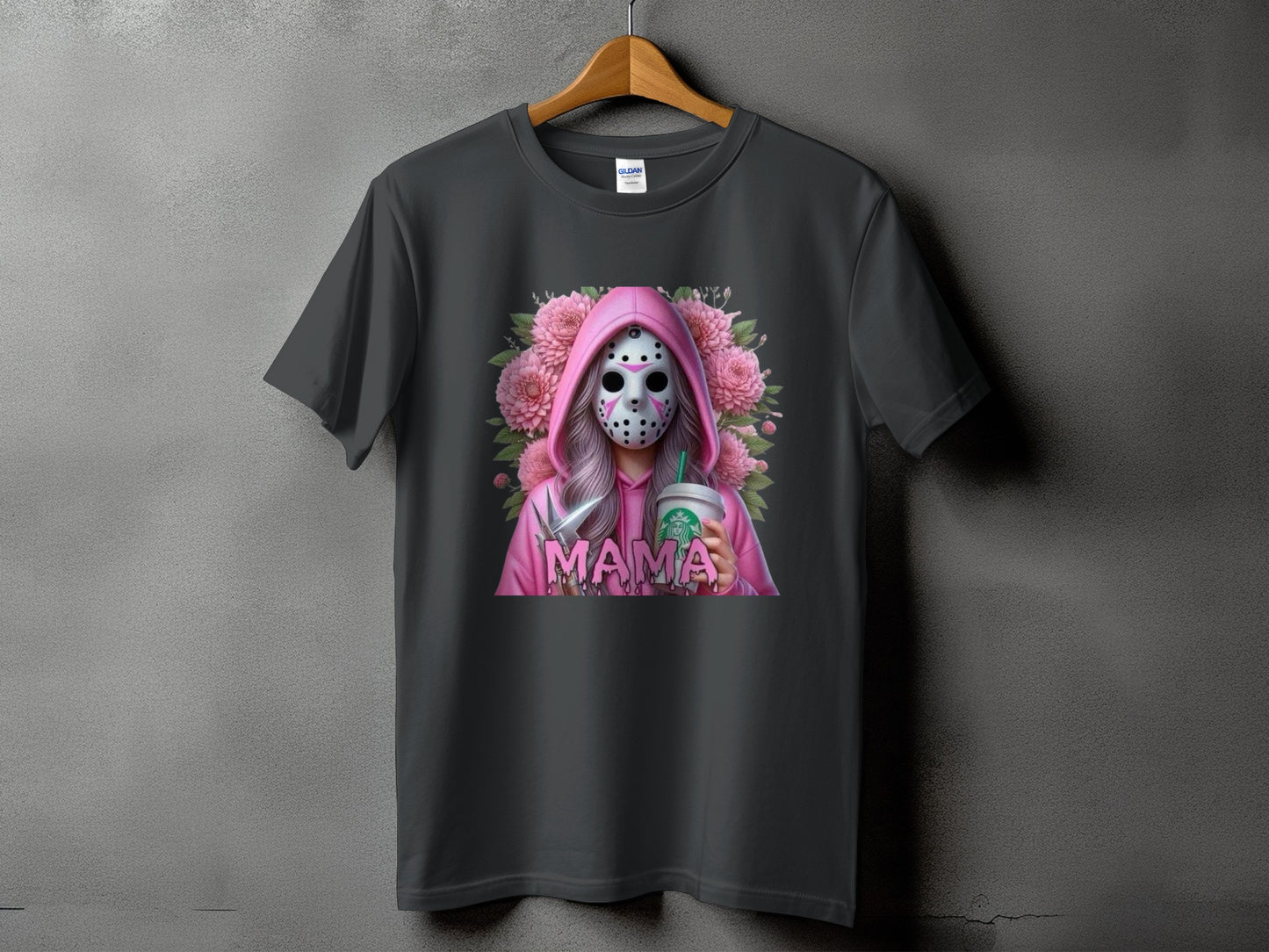 Gray t-shirt with a design of a masked figure holding coffee and knives.