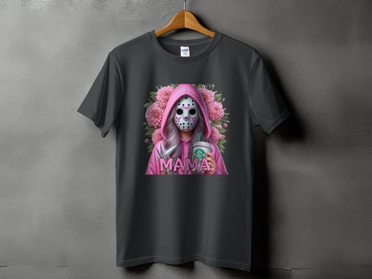 Gray t-shirt with a design of a masked figure holding coffee and knives.