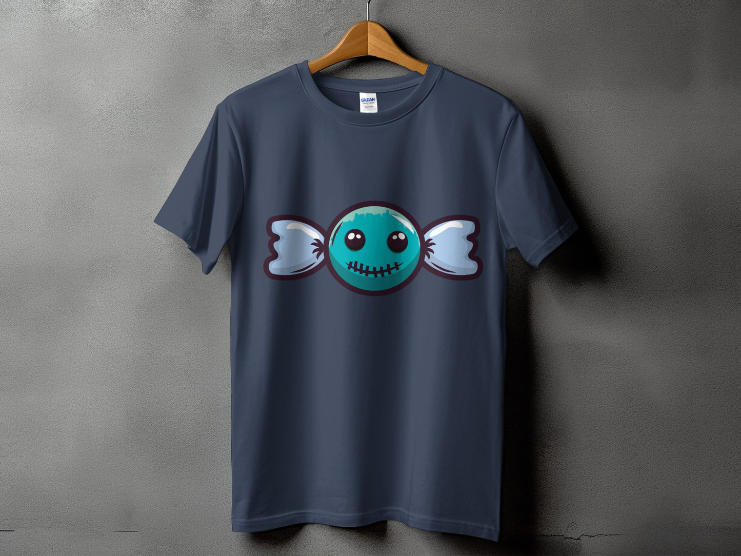 Dark grey t-shirt with a teal candy graphic featuring stitched details and white wrappers.