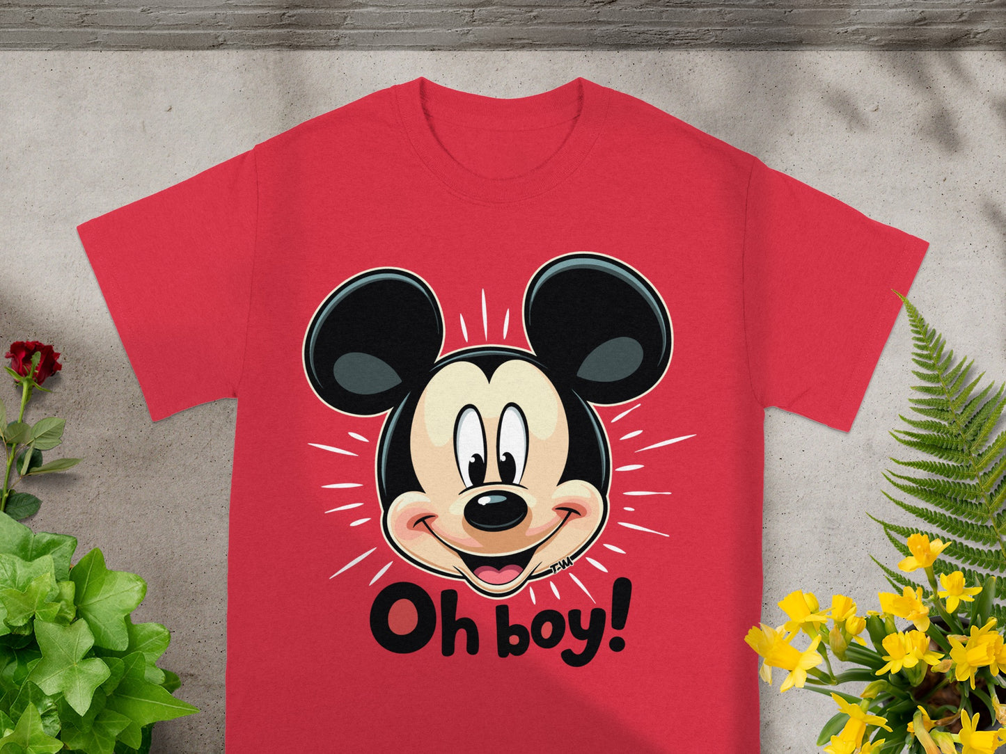 Red t-shirt with Mickey Mouse head graphic and "Oh boy!" text.