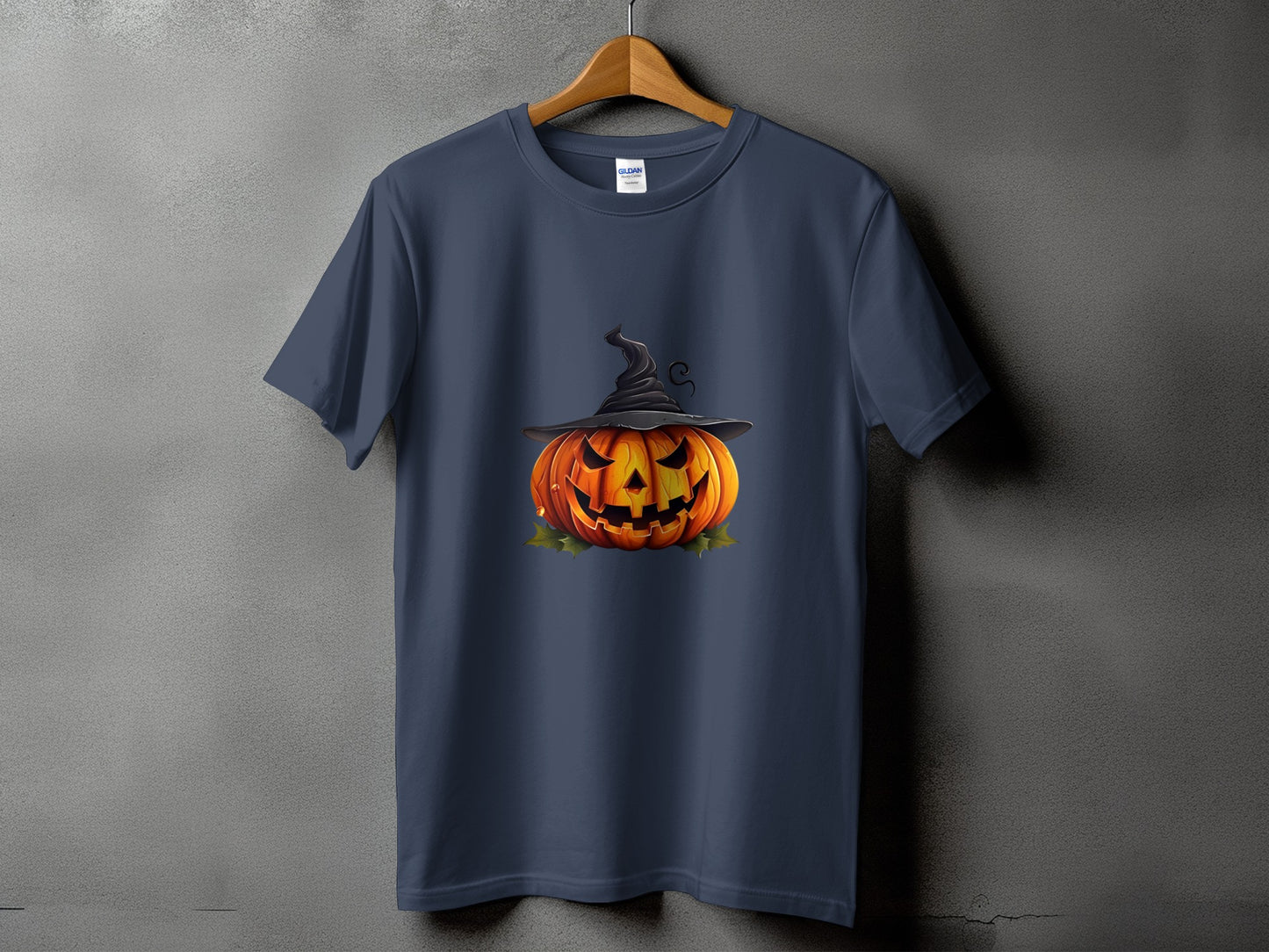 Dark blue t-shirt featuring a grinning jack-o'-lantern with a witch's hat.