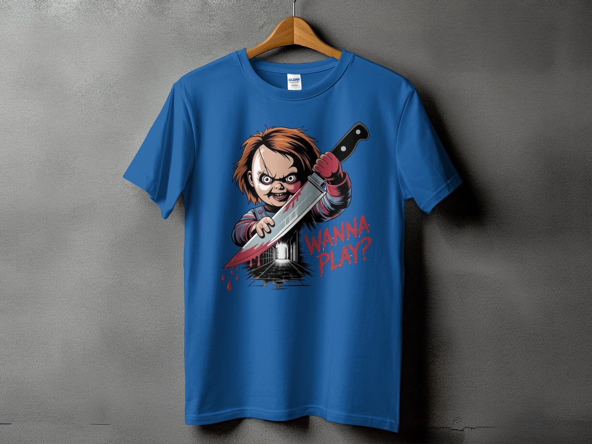 Chucky doll holding a bloody knife with "Wanna Play?" text.