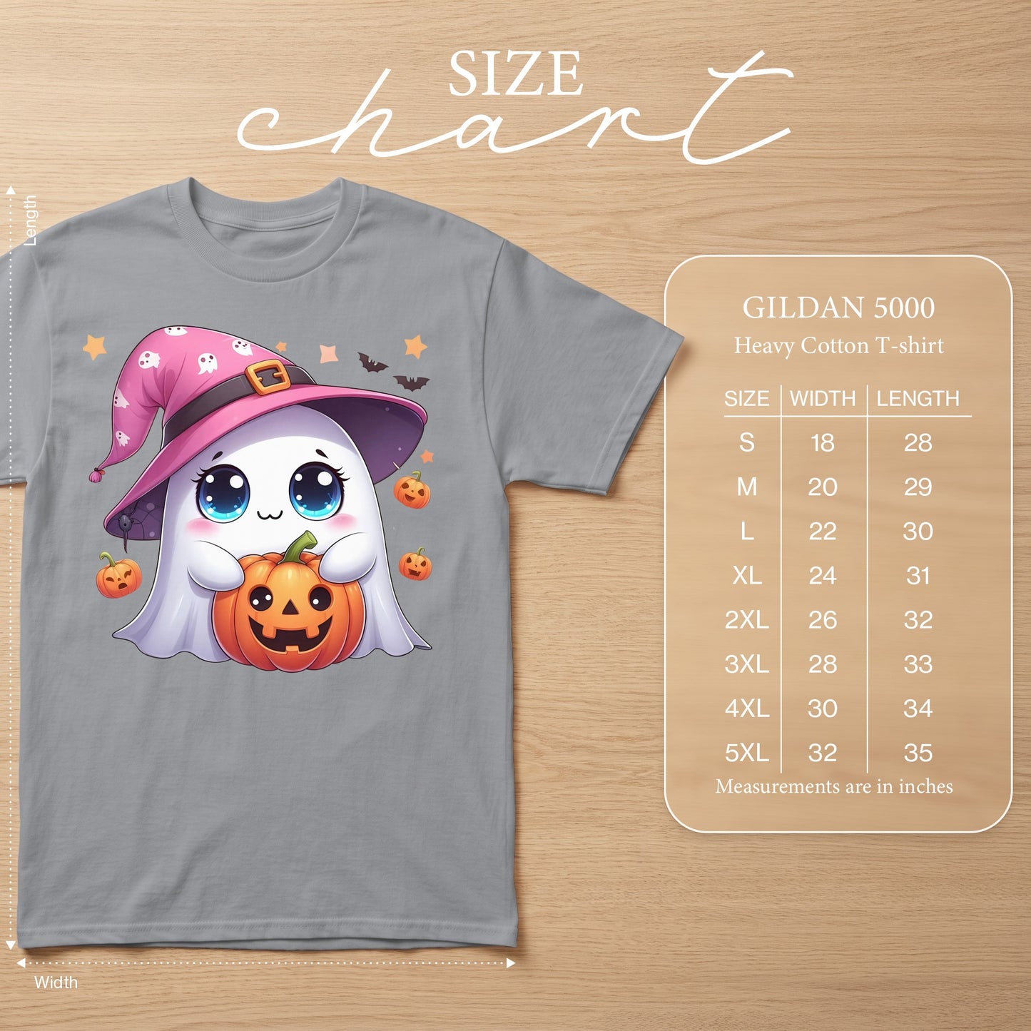 Gray Gildan 5000 Heavy Cotton T-shirt with a cute ghost holding a pumpkin.