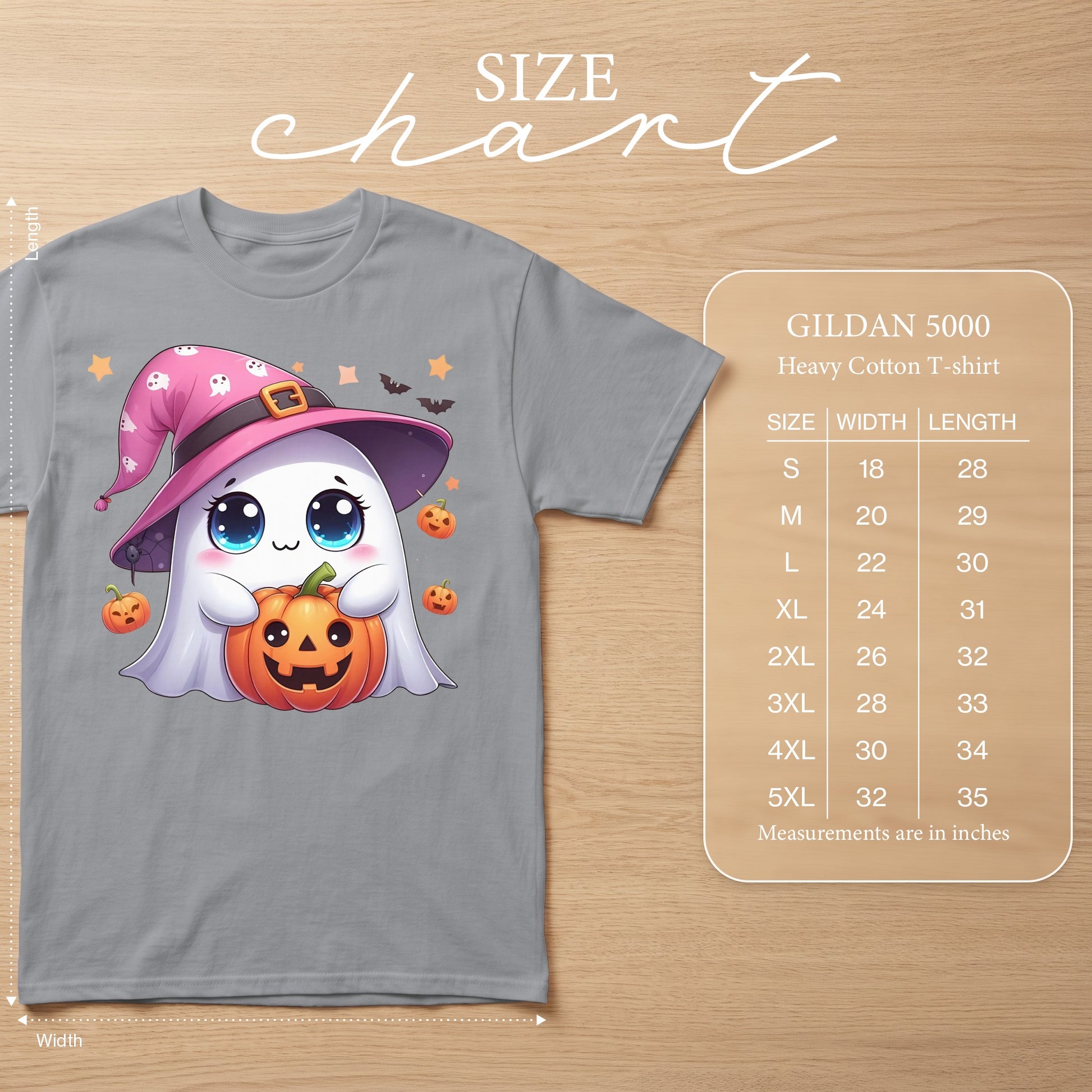 Gray Gildan 5000 Heavy Cotton T-shirt with a cute ghost holding a pumpkin.