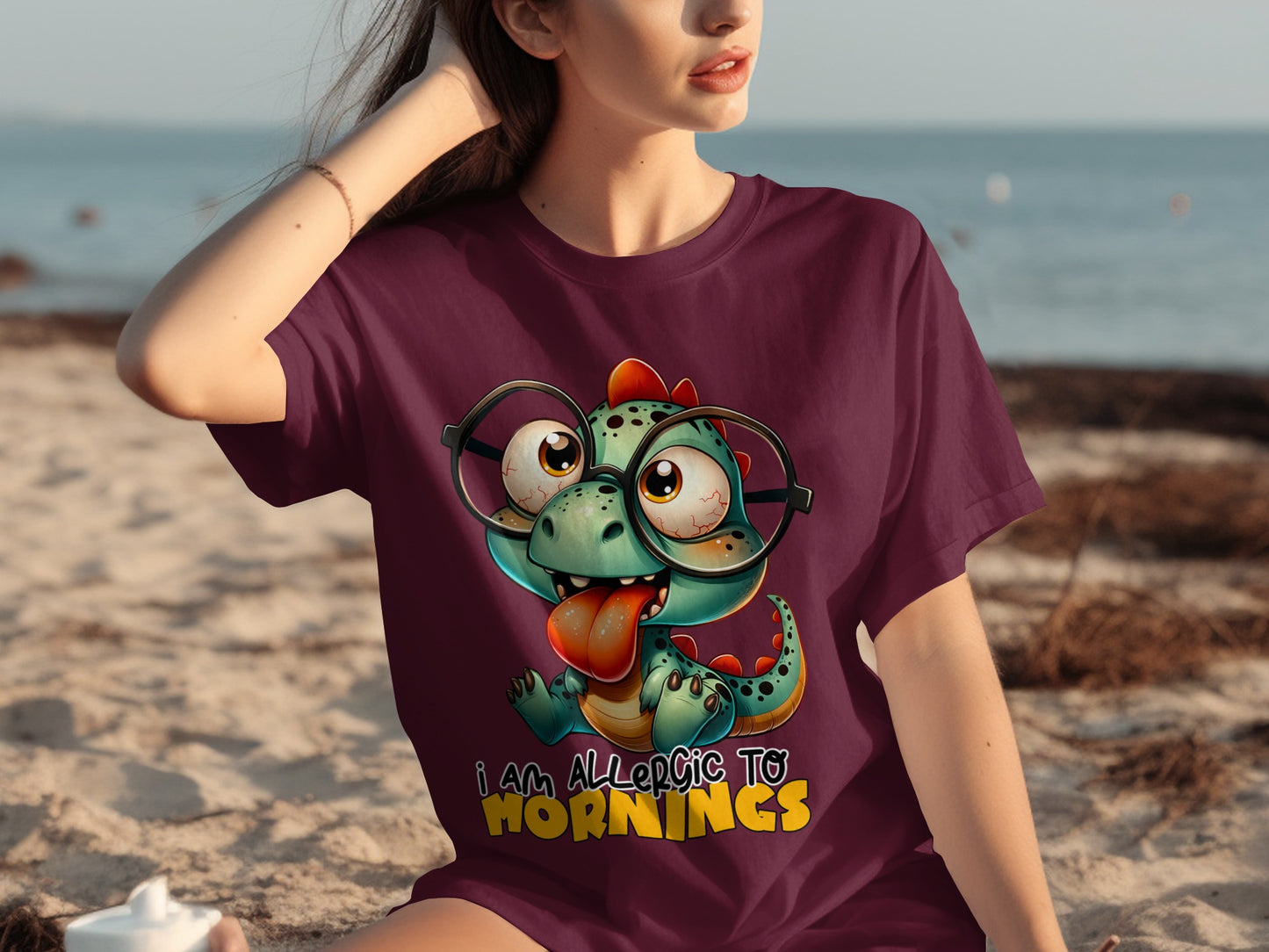 Funny Cartoon Dinosaur I Am Allergic To Mornings T-shirt