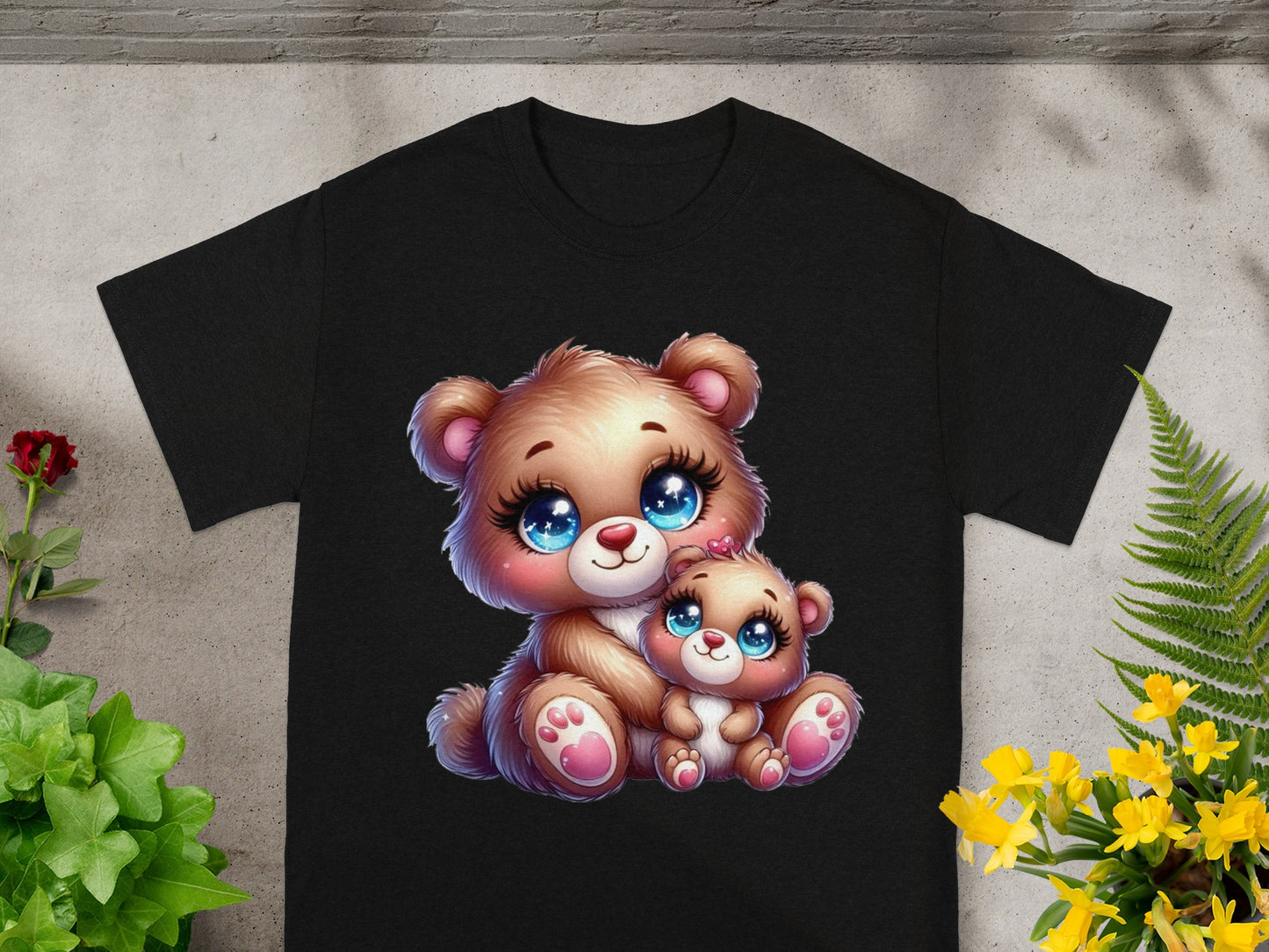 Black t-shirt with graphic of two cute teddy bears, one large and one small.