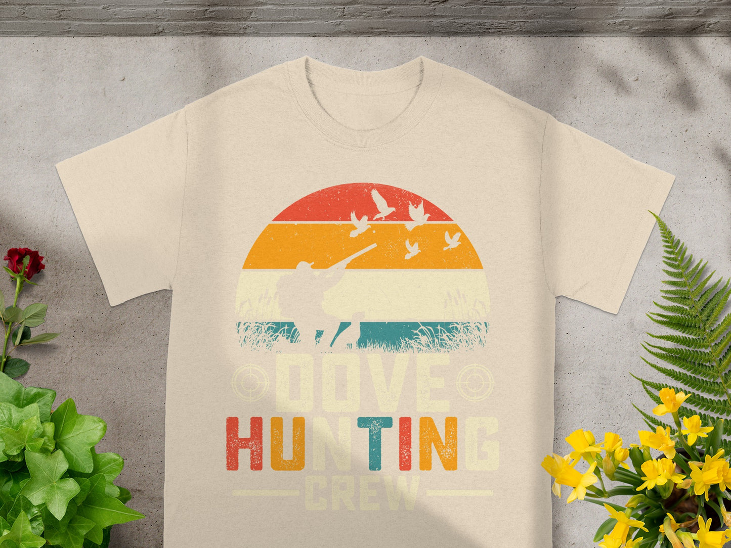 Light-colored t-shirt with vintage "Dove Hunting Crew" graphic.