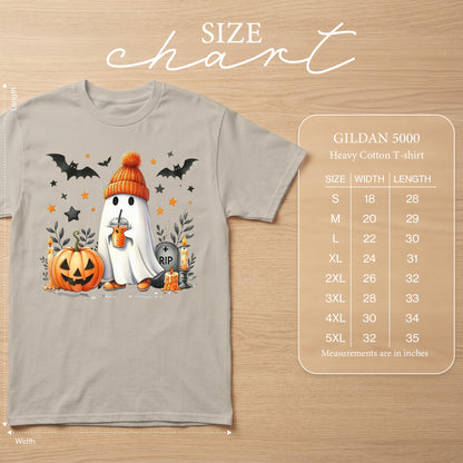 Light grey Gildan 5000 t-shirt with a Halloween ghost graphic and size chart.