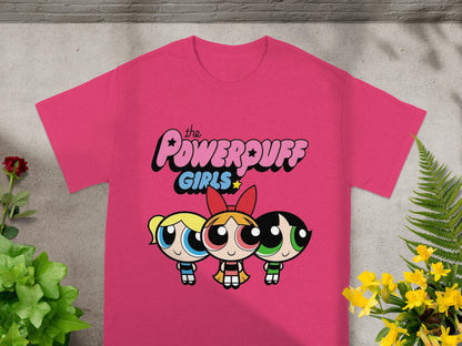 Pink t-shirt with The Powerpuff Girls characters Blossom, Bubbles, and Buttercup.