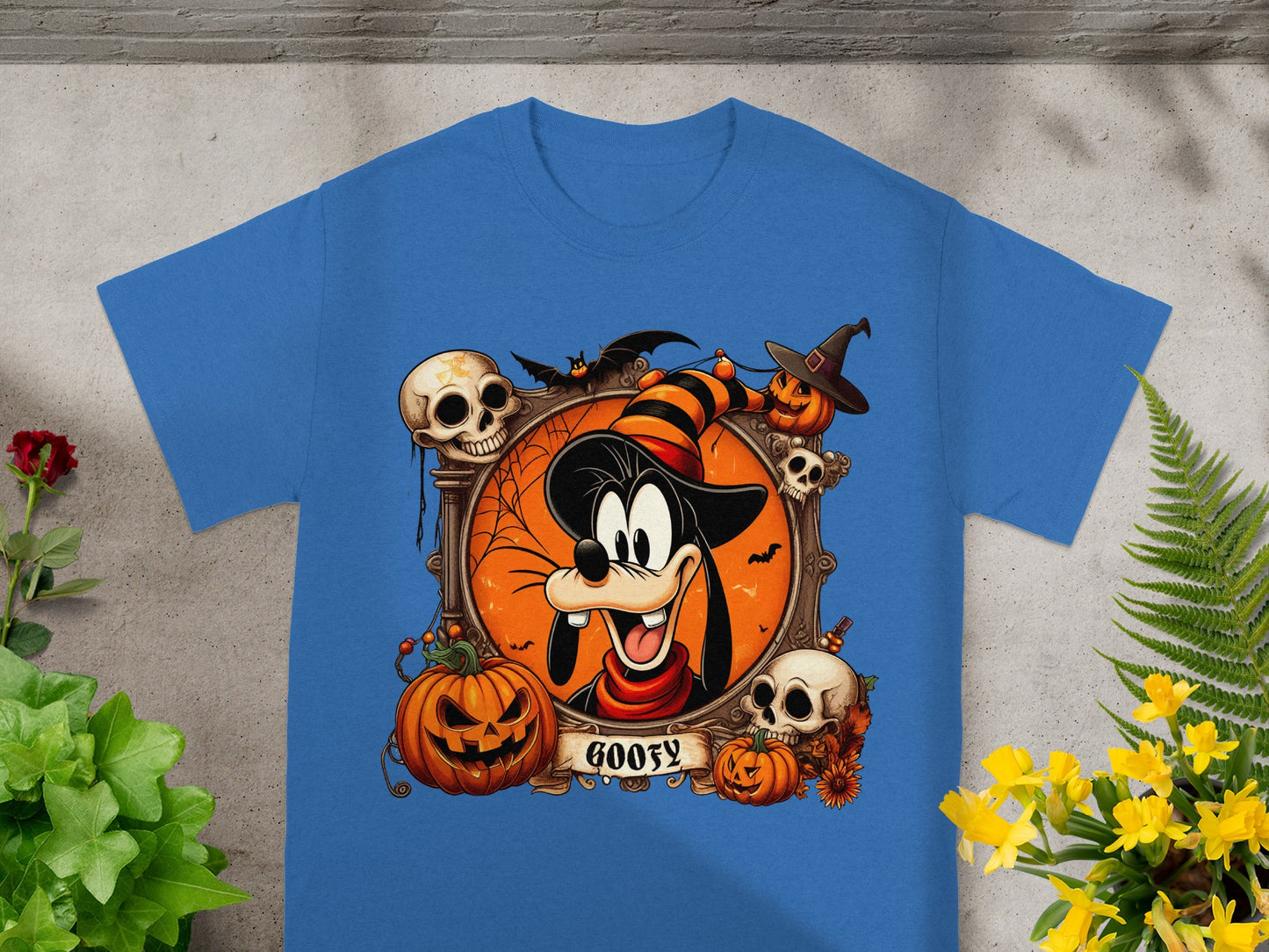 Goofy in a Halloween frame with pumpkins, skulls, bats, and the word "GOOFY."