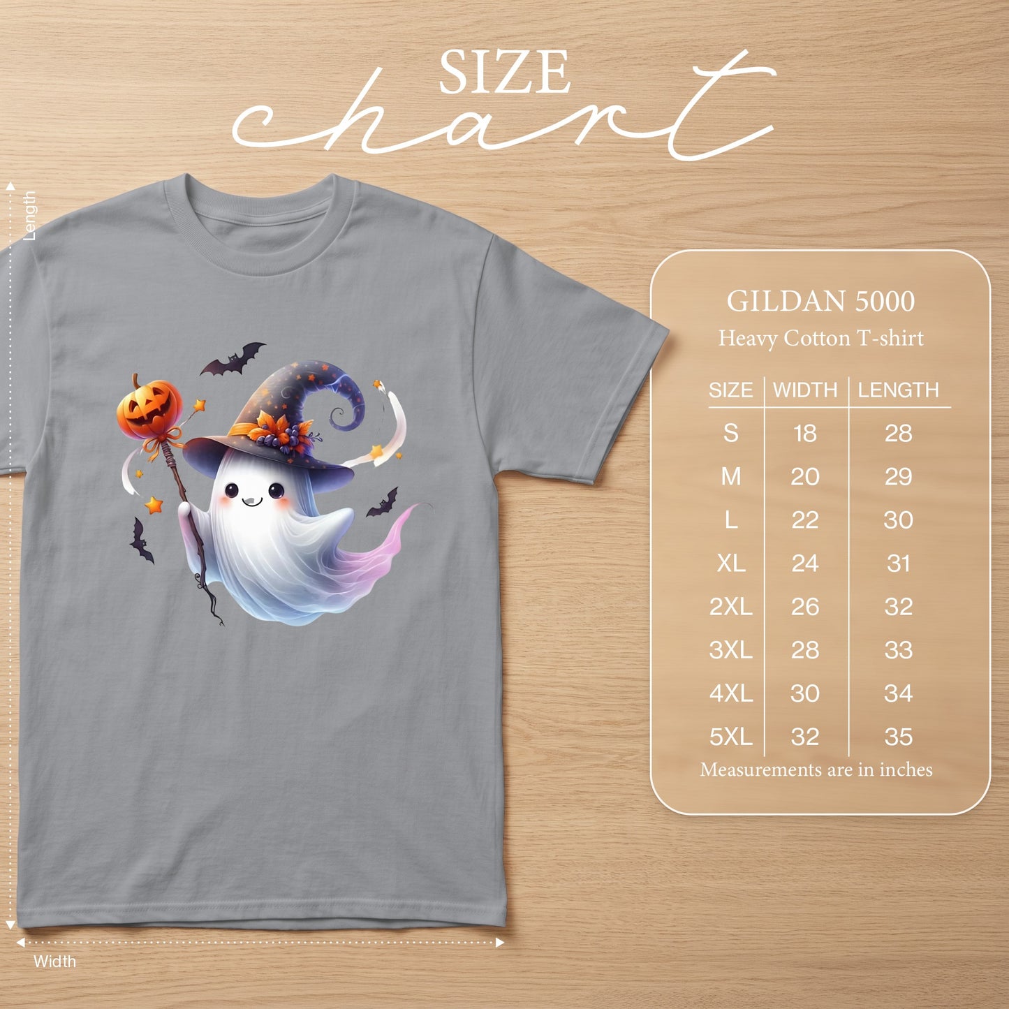 Gildan 5000 heavy cotton t-shirt with ghost and pumpkin graphic. Size chart included.