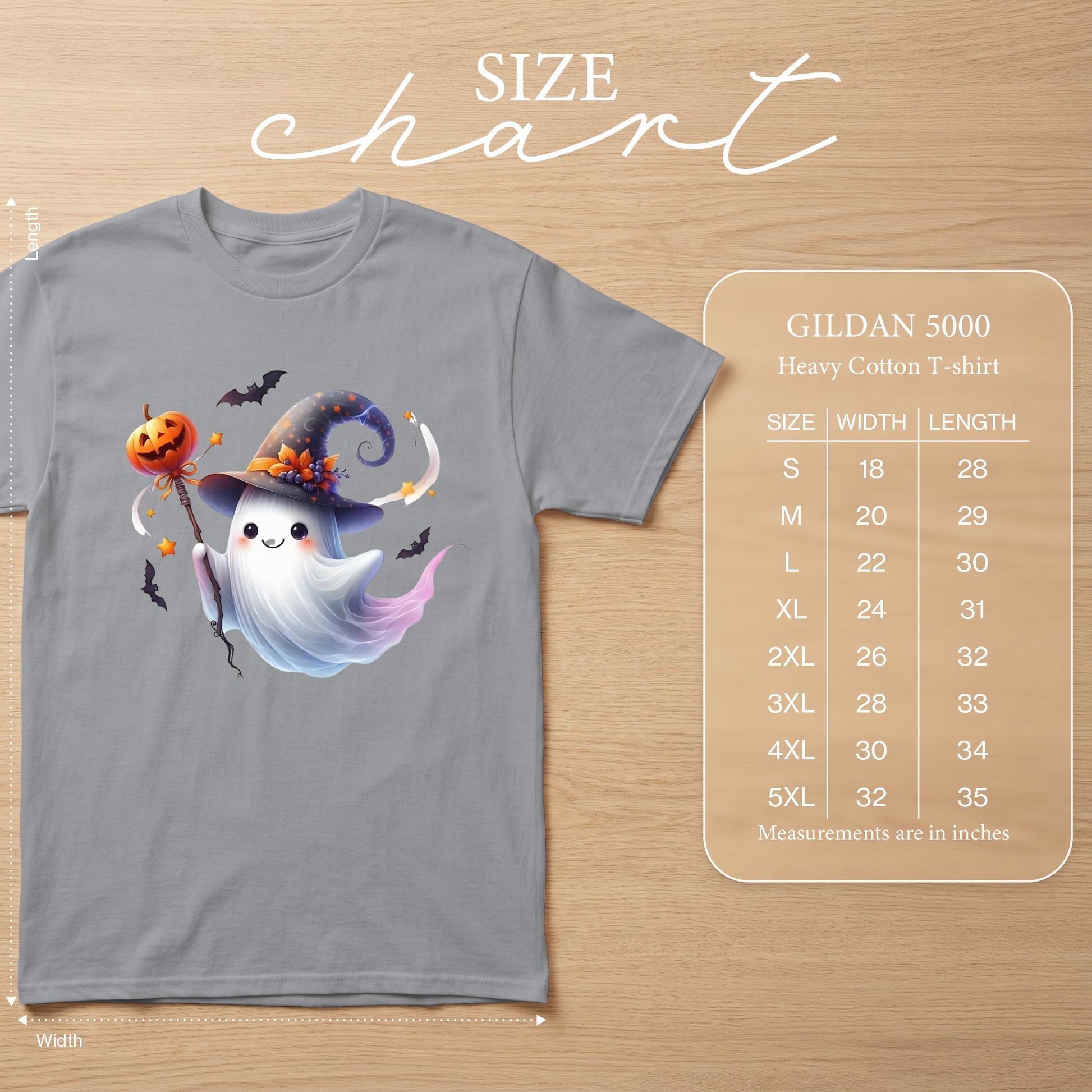 Gildan 5000 heavy cotton t-shirt with ghost and pumpkin graphic. Size chart included.