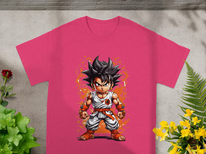 Chibi Goku from Dragon Ball Z in a dynamic pose on a pink t-shirt.