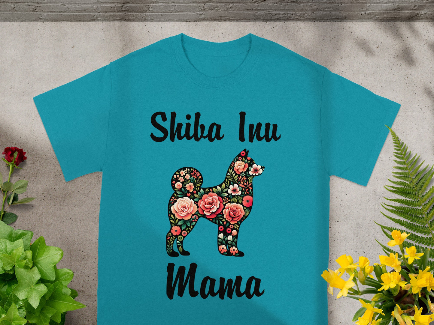 Teal t-shirt with "Shiba Inu Mama" text and floral dog design.