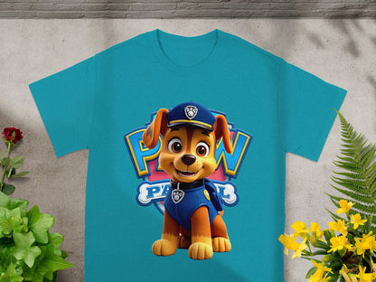 Chase from Paw Patrol on a teal t-shirt with a blue and yellow logo.