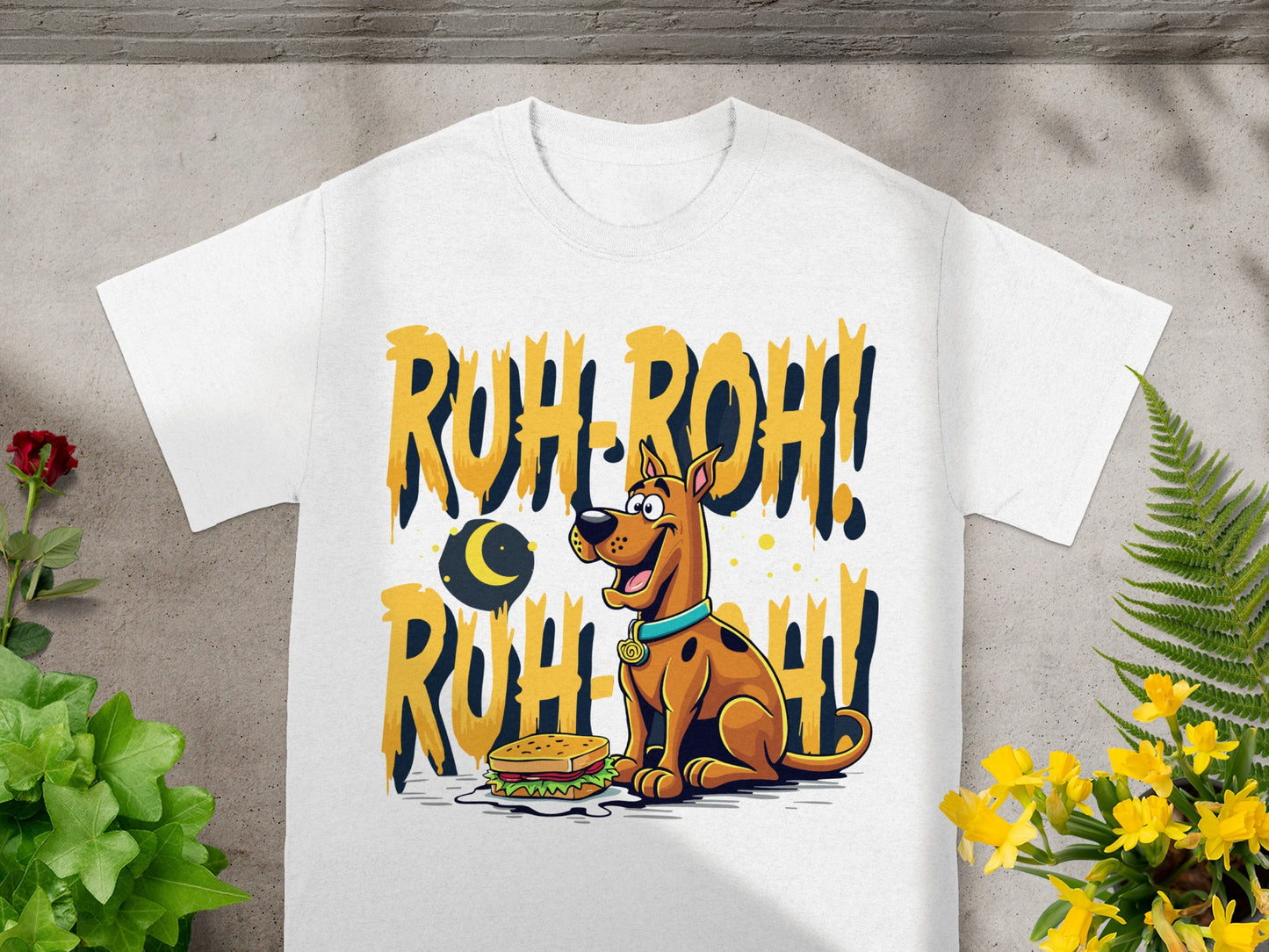 Scooby-Doo sits with a sandwich, with "ROH-ROH!" text and a moon graphic.