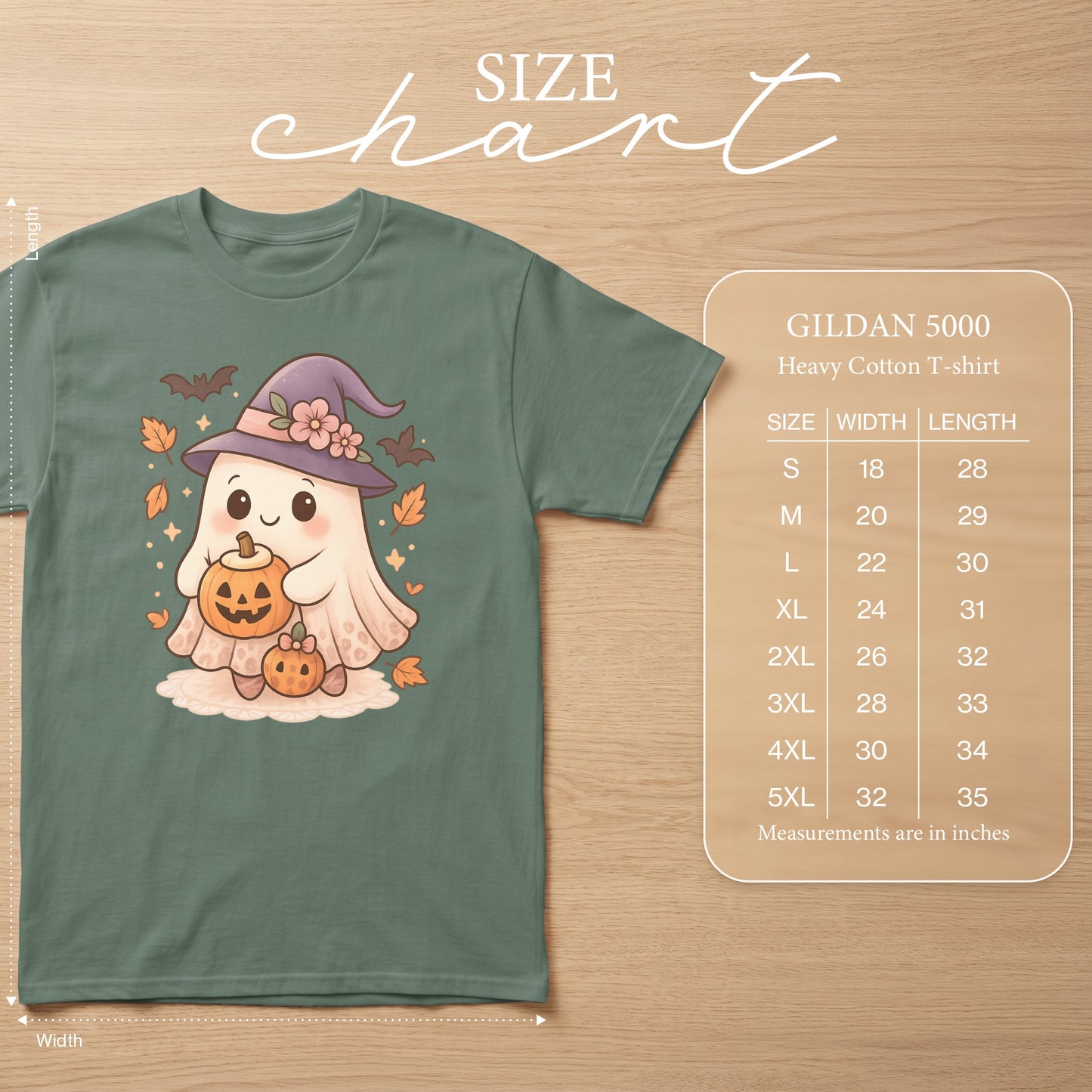 Gildan 5000 Heavy Cotton T-shirt size chart featuring a cute ghost with pumpkins.
